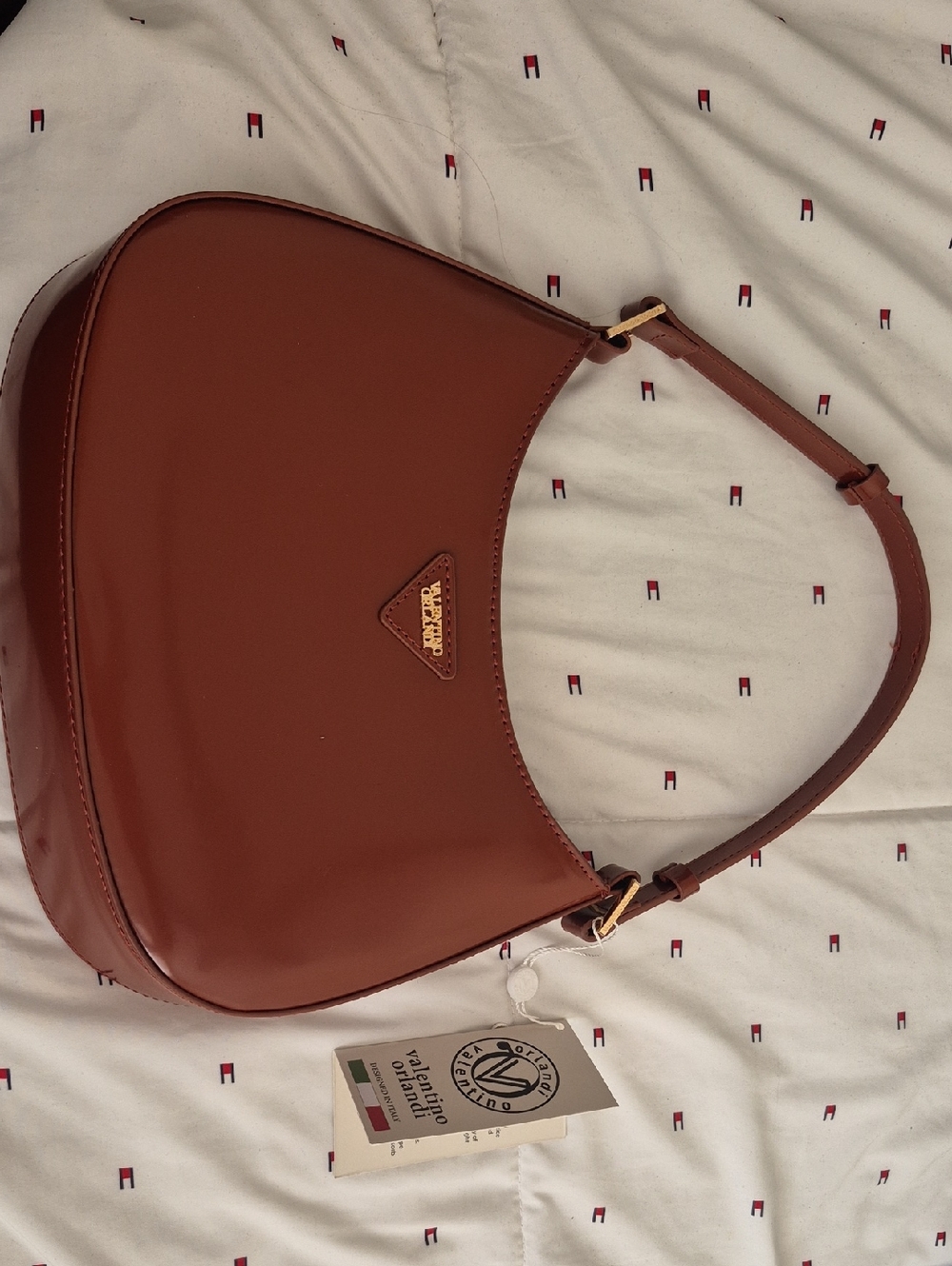 Italian-Made Valentino Brown Leather Shoulder Bag with Gold Accent